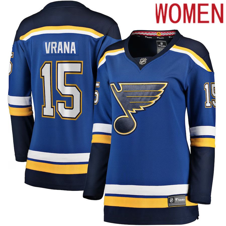 Women St. Louis Blues #15 Jakub Vrana Fanatics Branded Blue Home Breakaway NHL Jersey